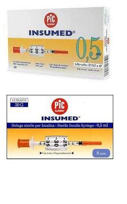 SIRINGA PER INSULINA PIC INSUMED 0,3 ML 100 UI SPAZIO ZERO AGO 30 GAUGE 8 MM 3 SACCHETTI DA 10 PEZZI - pharmaluna