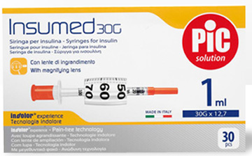 SIRINGA INSULINA PIC INSUMED 1 ML 100 UI AGO GAUGE 30 12,7 MM SENZA SPAZIO MORTO 30 PEZZI - pharmaluna