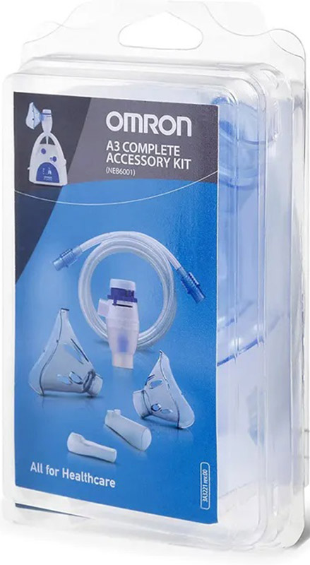 OMRON A3 COMPLETE KIT RICAMBIO AMPOLLA REGOLABILE + TUBO + MASCHERINA PEDIATRICA + MASCHERINA ADULTI + FORCELLE NASALI + BOCCAGLIO - pharmaluna