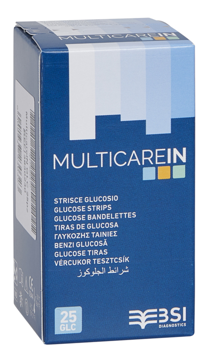 STRISCE MISURAZIONE GLICEMIA MULTICARE IN GLUCOSIO ELETTRODO 25 PEZZI - pharmaluna