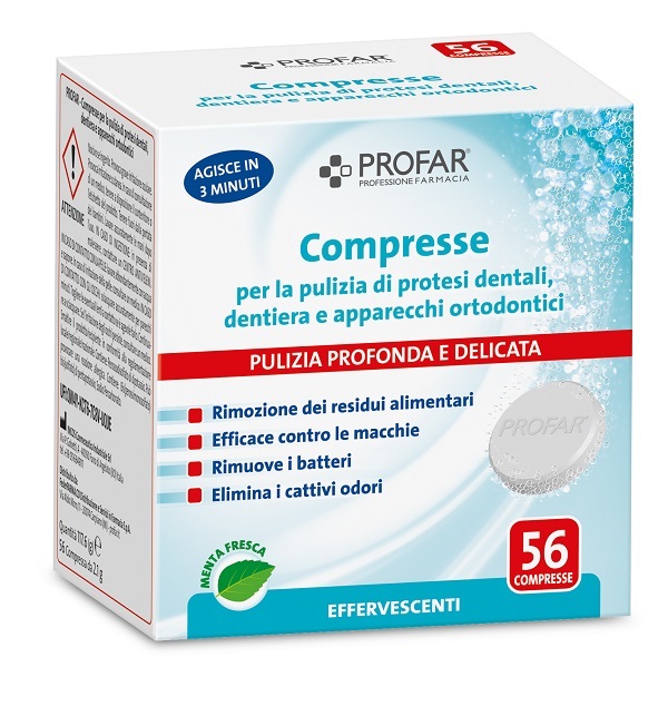 PROFAR COMPRESSE PULIZIA PROTESI DENTALI-DENTIERA-APPARECCHI ORTODONTICI 56 PEZZI - pharmaluna