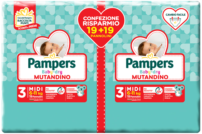 PAMPERS BABY DRY PANNOLINO A MUTANDINA DUO DWCT MIDI 38 PEZZI - pharmaluna