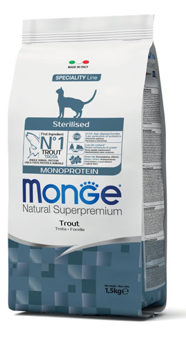 MONGE CAT STERILIZED MONOPROTEIN TROTA 1,5 KG - pharmaluna