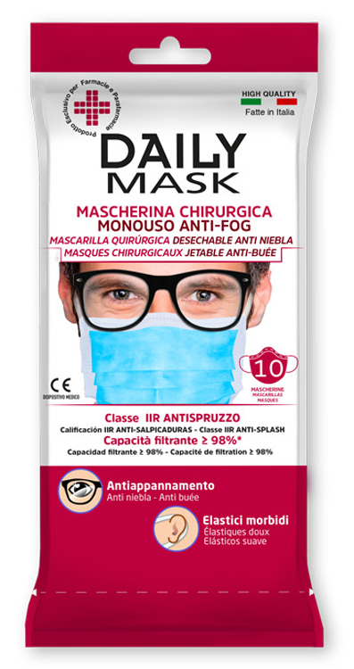 MASCHERINA CHIRURGICA MONOUSO ANTI-FOG DAILY MASK TIPO IIR TRE TNT STRATI ANTISPRUZZO 10 PEZZI - pharmaluna