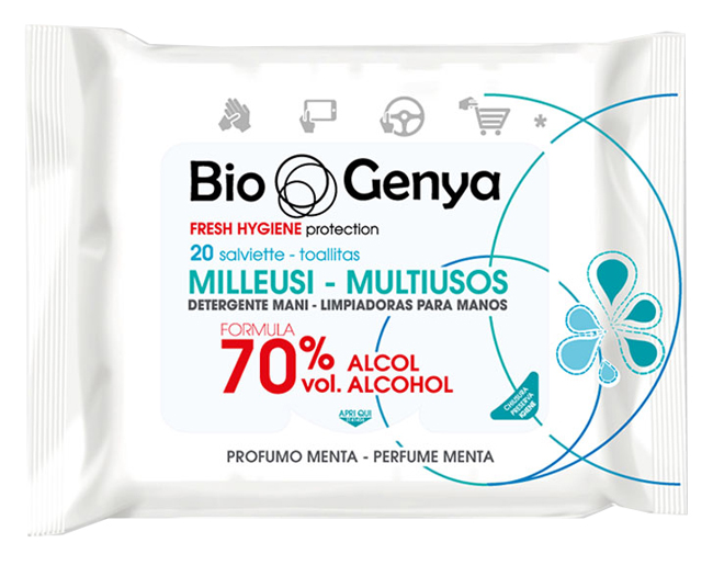 BIOGENYA MILLEUSI IGIENIZZANTI 70% ALCOOL SALVIETTE 20 PEZZI - pharmaluna