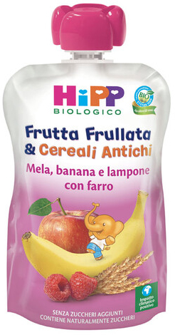 HIPP BIO FRUTTA FRULLATA&CEREALI ANTICHI MELA BANANA LAMPONE FARRO 90 G - pharmaluna