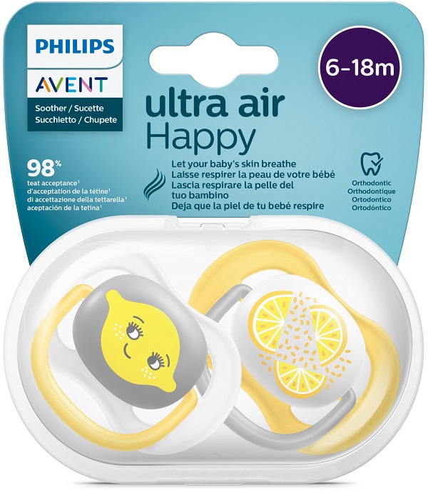 AVENT ULTRA AIR CIUCCIO ORTODONTICO 6-18 MESI NEUTRO/LIMONI 2 PEZZI - pharmaluna