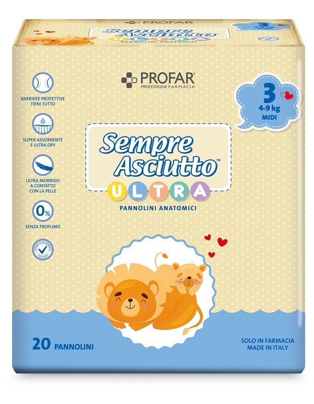 PANNOLINI PROFAR SEMPRE ASCIUTTO ULTRA MIDI 4/9 KG 20 PEZZI - pharmaluna