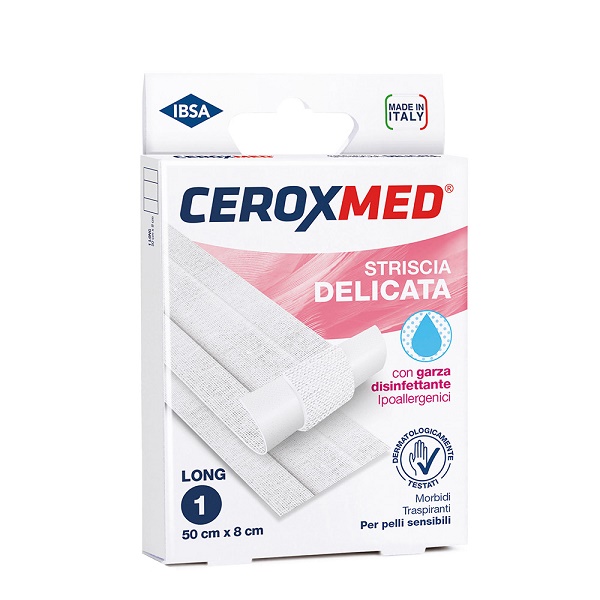 STRISCIA DELICATA CEROXMED CON GARZA DISINFETTANTE IPOALLERGENICA PER PELLI SENSIBILI 50X8CM 1 PEZZO - pharmaluna