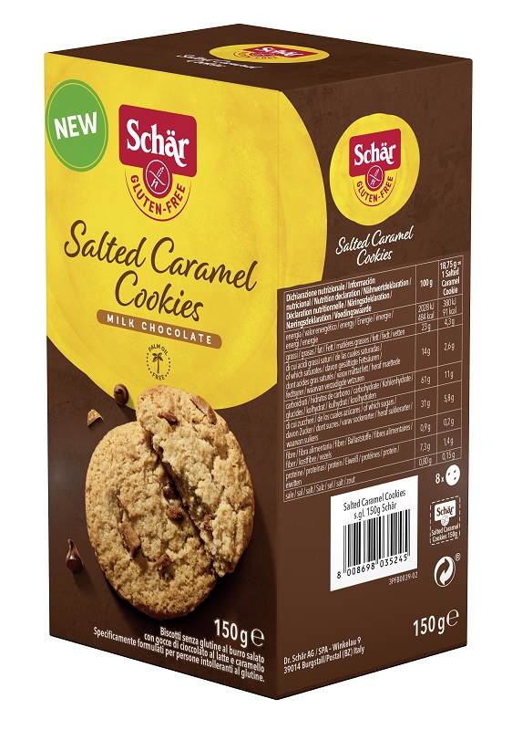 SCHAR SALTED CARAMEL COOKIES CON GOCCE DI CIOCCOLATO AL LATTE E CARAMELLO 150 G - pharmaluna