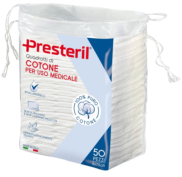 QUADROTTI COTONE IDROFILO PRESTERIL 8X7,5 CM 50 PEZZI - pharmaluna