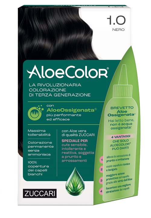 ALOECOLOR 1,0 NERO TINTA PERMANENTE CAPELLI COLORE AD ALTA PIGMENTAZIONE 50 ML + RIVELATORE ALOEOSSIGENATA 75 ML + SHAMPOO ALOECARE 15 ML + GUANTI - pharmaluna