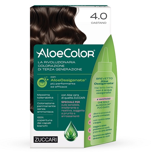 ALOECOLOR 4,0 CASTANO TINTA PERMANENTE CAPELLI COLORE AD ALTA PIGMENTAZIONE 50 ML + RIVELATORE ALOEOSSIGENATA 75 ML + SHAMPOO ALOECARE 15 ML + GUANTI - pharmaluna