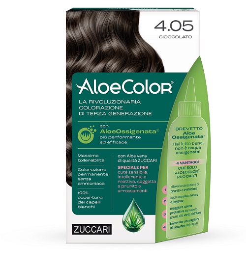 ALOECOLOR 4,05 CIOCCOLATO TINTA PERMANENTE CAPELLI COLORE AD ALTA PIGMENTAZIONE 50 ML + RIVELATORE ALOEOSSIGENATA 75 ML + SHAMPOO ALOECARE 15 ML + GUANTI - pharmaluna