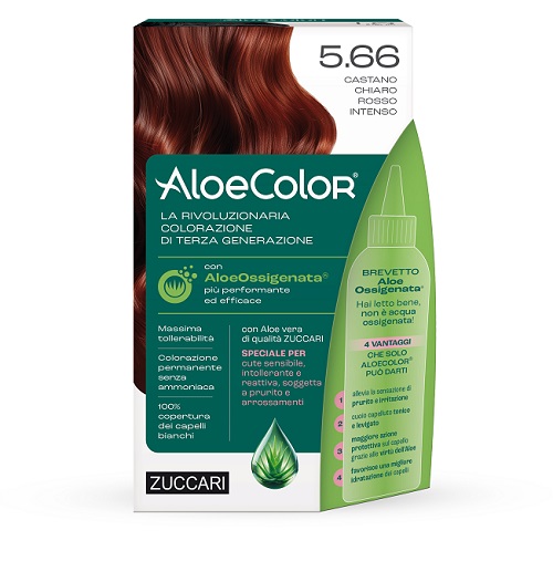 ALOECOLOR 5,66 CASTANO CHIARO ROSSO INTENSO TINTA PERMANENTE CAPELLI COLORE AD ALTA PIGMENTAZIONE 50 ML + RIVELATORE ALOEOSSIGENATA 75 ML + SHAMPOO ALOECARE 15 ML + GUANTI - pharmaluna